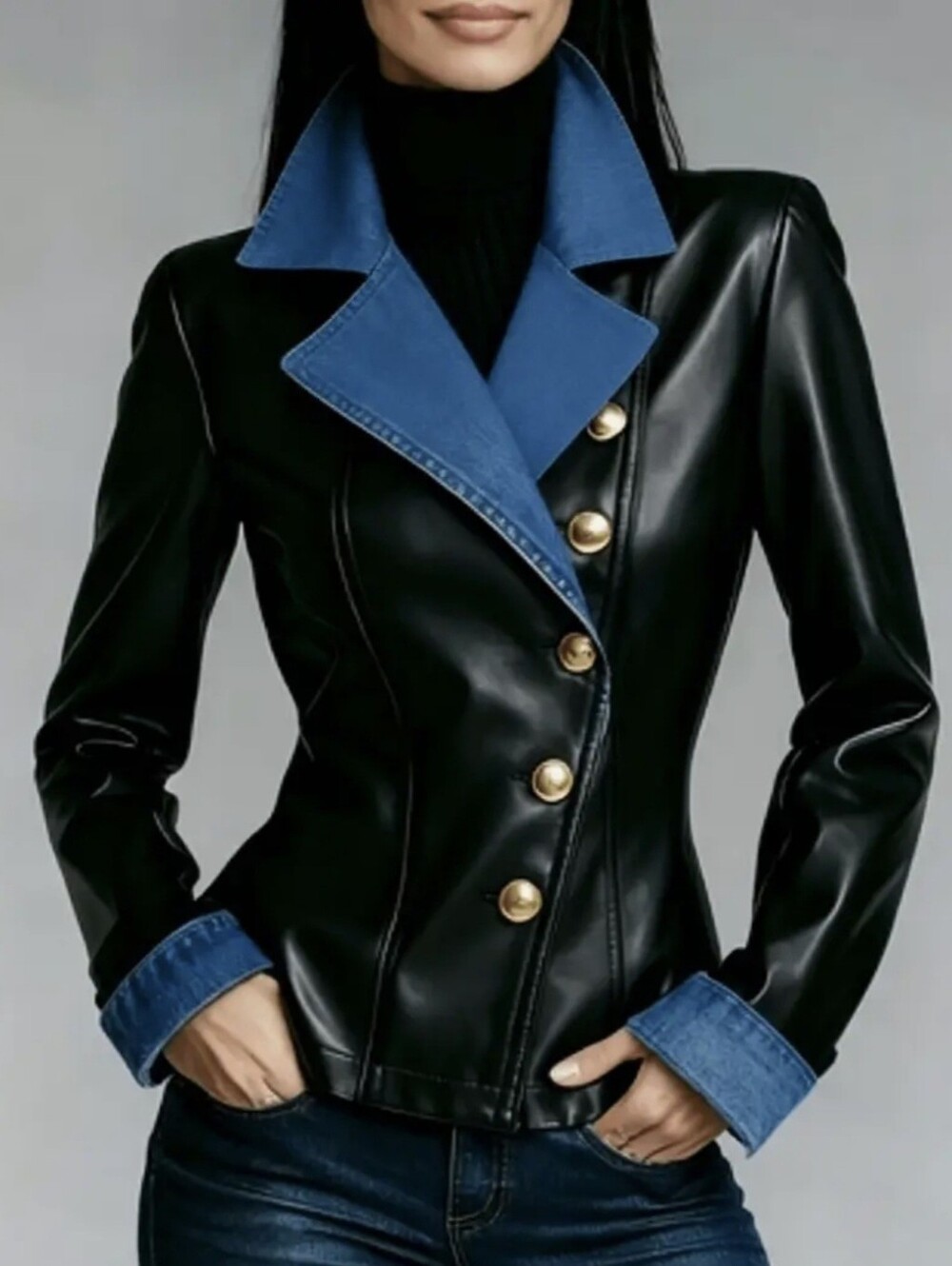 Women's Black Denim Contrast Lapel Long Sleeve Asymmetrical Button Jacket